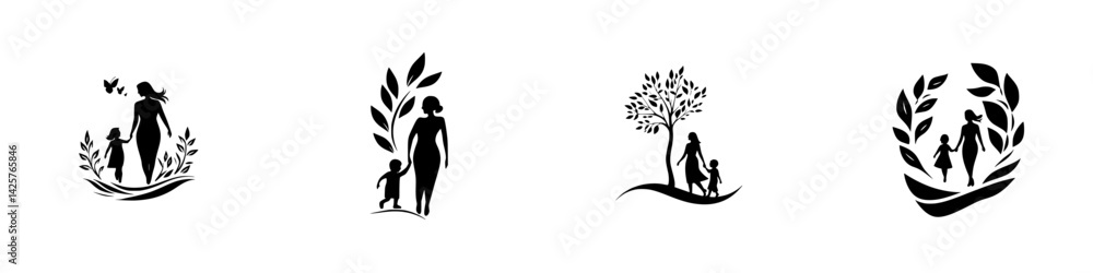 Poster collection of black icons depicting nurturing relationships between mothers and children with nature