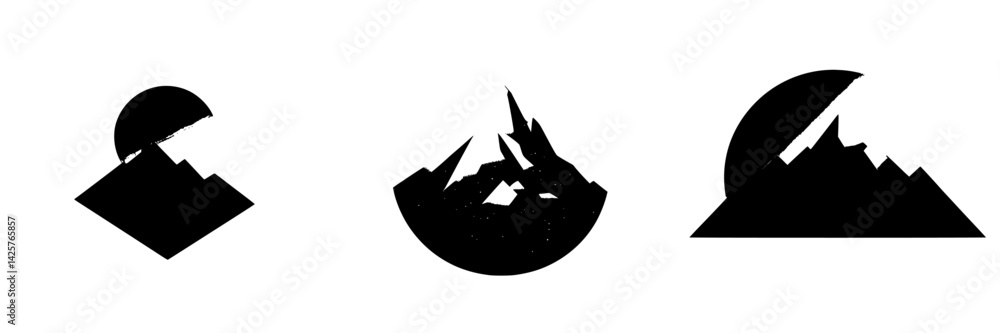 Poster set of black icons representing mountains and sun in a minimalist design with varying shapes