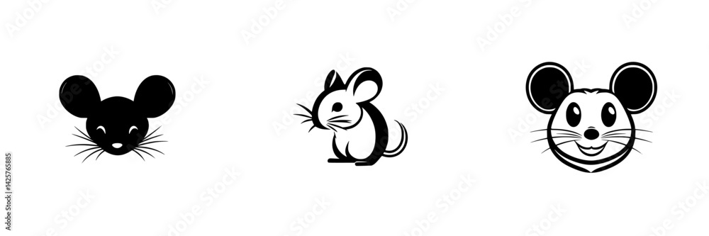 Poster stylized black icons of mice showcasing different expressions and postures suitable for various desi