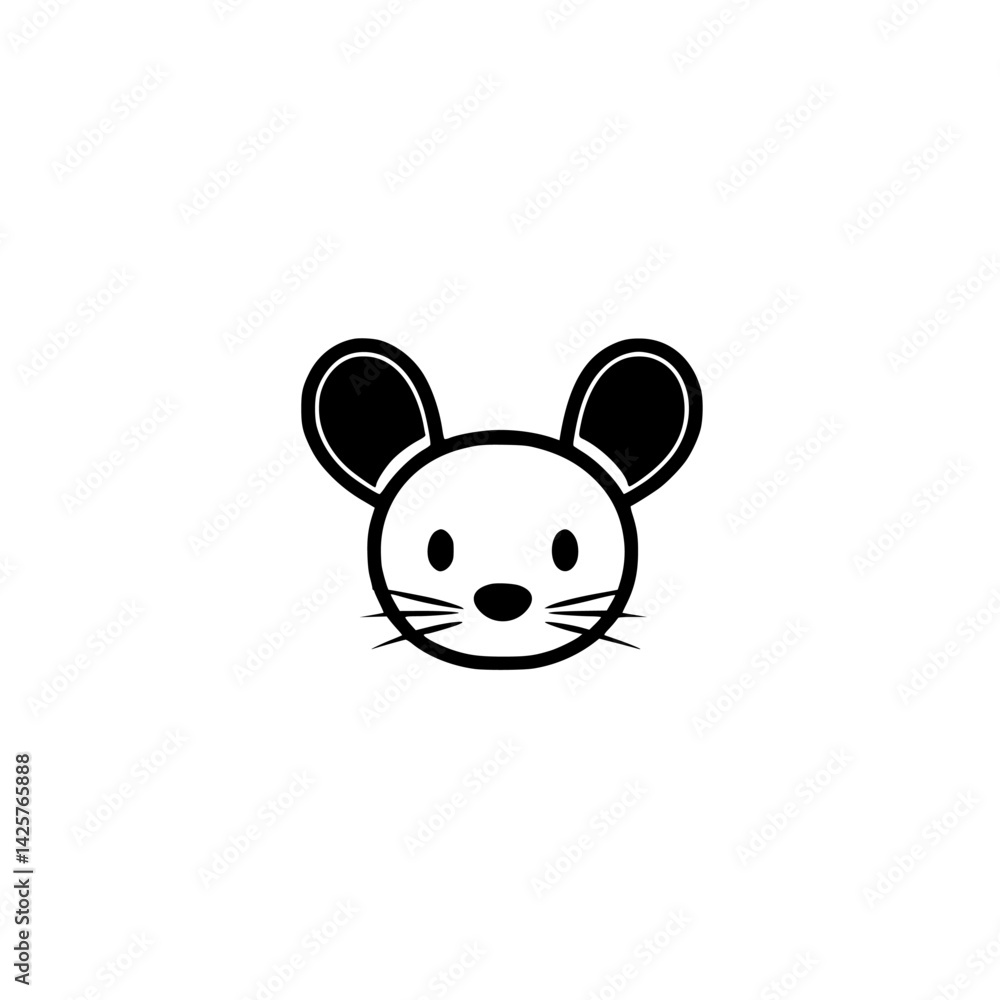 Poster simple black icon representing a mouse head with large ears and whiskers designed in a minimalist st