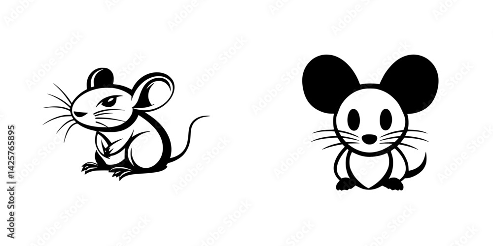 Poster black icon set featuring two distinct mouse designs with unique expressions and styles suitable for 
