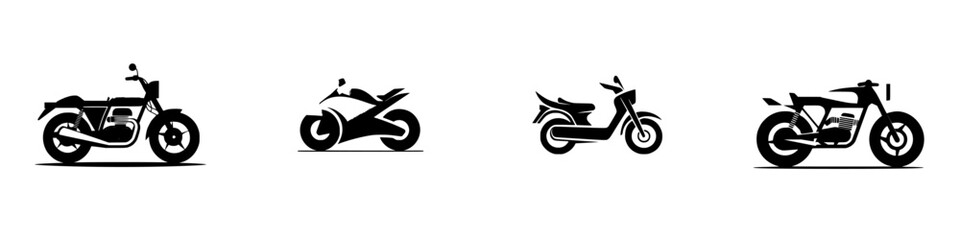 Fototapeta premium Different types of black motor vehicles featuring motorcycles and scooters displayed in a linear arrangement