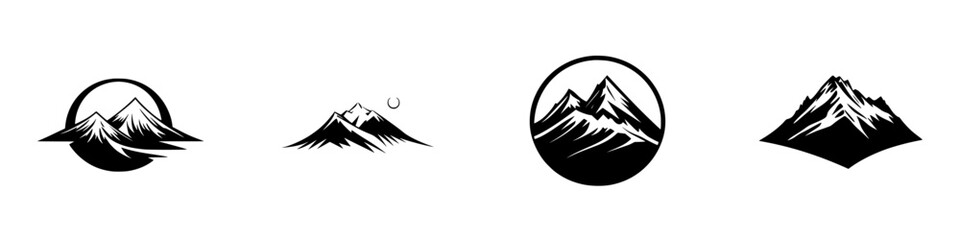 Black icons depicting mountain landscapes with various styles during daytime