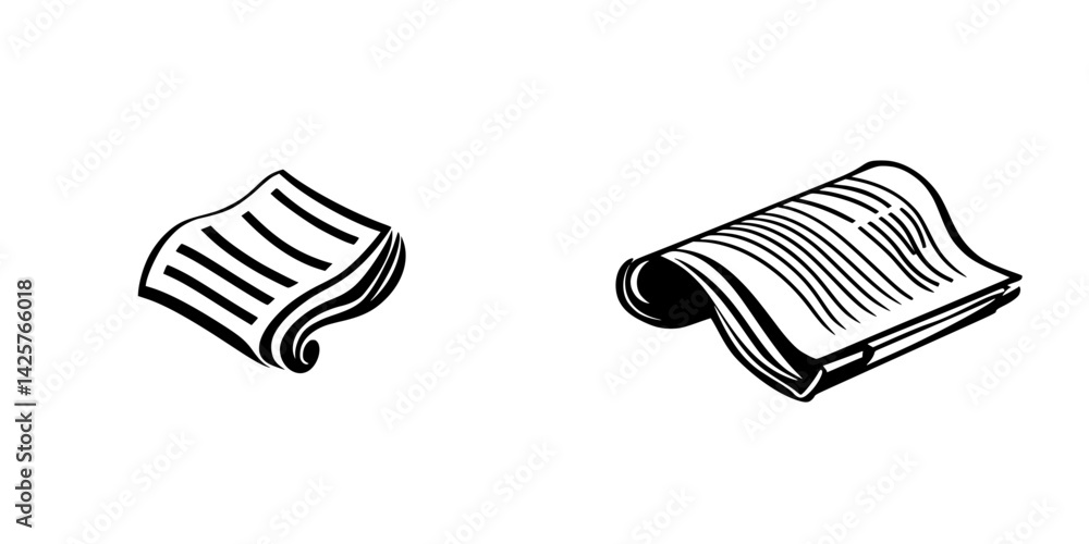 Poster set of black icons representing a single sheet of paper and a rolled document exhibiting different f