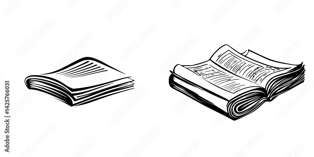 Poster minimalist black icons of a magazine and an open book illustrating reading materials for various con