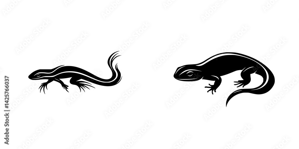 Poster set of two black icons depicting different types of salamanders with varying body shapes and positio