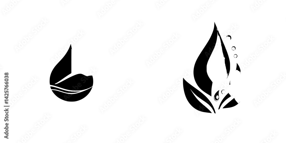 Poster set of black icons depicting water and flame elements in a minimalist design suitable for various ap