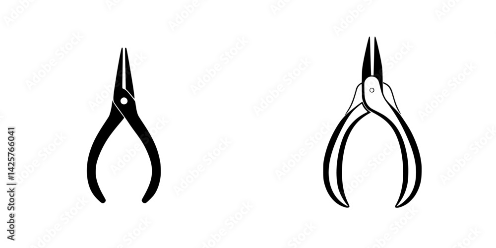 Poster black icon set featuring various styles of pliers for design or instructional use with clean lines a