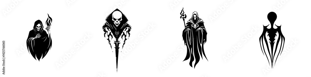 Poster set of black icons representing dark themes and mystical symbols suitable for various design project