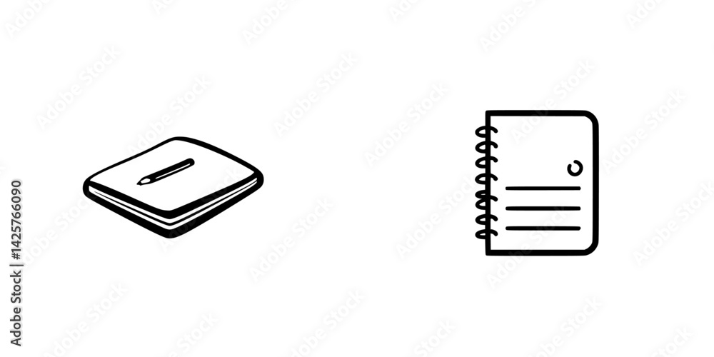 Poster black icon set featuring a notepad with a pen and a spiral notebook designed for minimalistic style