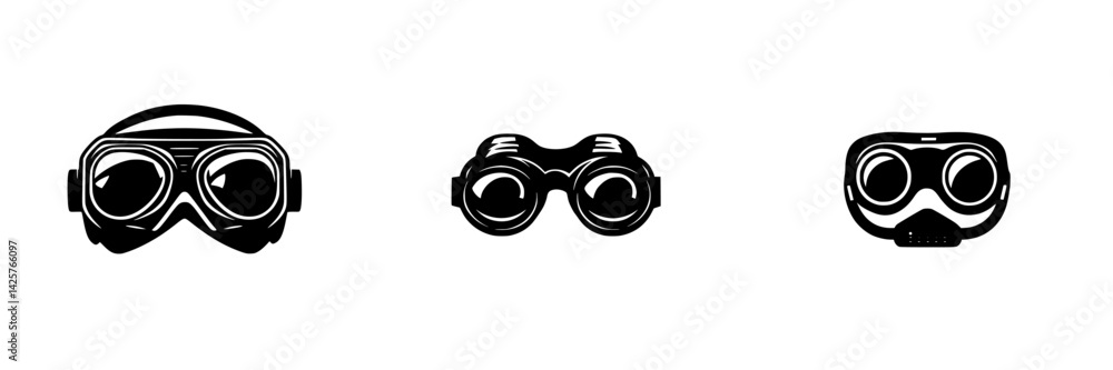 Poster black icon set featuring various styles of goggles and optical devices, suitable for diverse applica