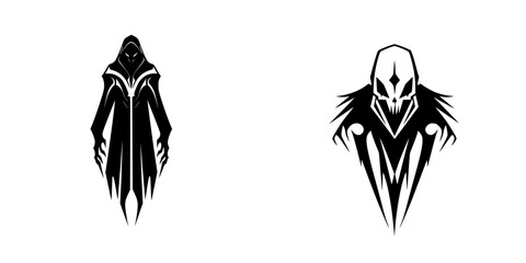 Fototapeta premium Black icon of a mysterious figure with elongated features, featuring a hood and skeletal design, evoking a sense of intrigue and darkness