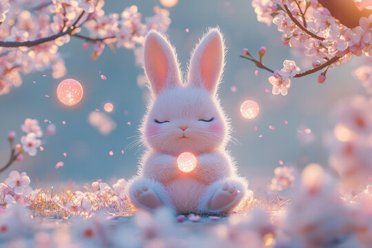 Serene white bunny meditates peacefully amidst blooming cherry blossoms and glowing orbs. - Powered by Adobe