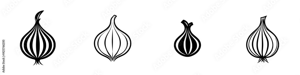 Poster set of four black onion icons designed in a minimalistic style suitable for culinary projects or foo