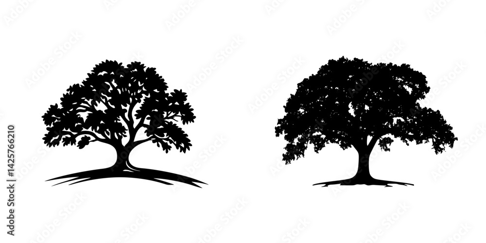 Poster black silhouette icons of two different tree designs, showcasing detailed foliage and trunk structur