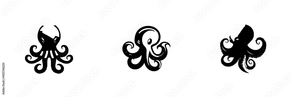 Poster set of three black icons featuring stylized octopuses with distinct designs and flowing tentacles su