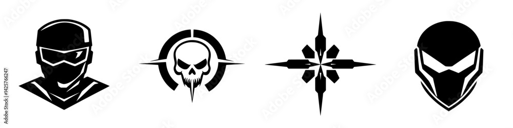 Poster collection of four distinct black icons representing characters or groups in a gaming or entertainme