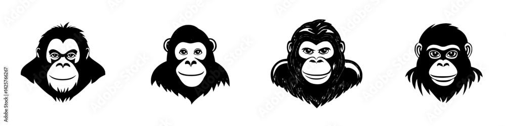 Poster set of black icons representing various types of monkeys, designed for playful or educational uses i