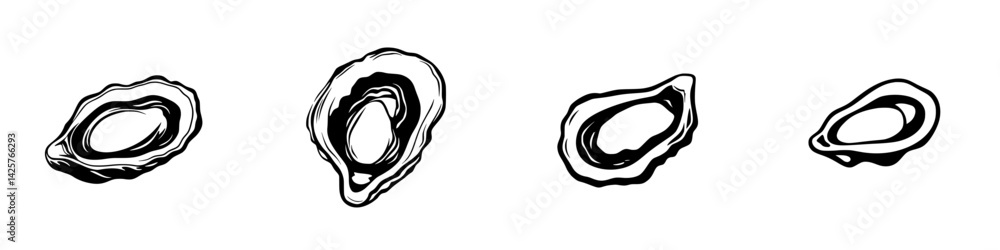 Poster set of black icons depicting various oyster types arranged horizontally, emphasizing their unique sh