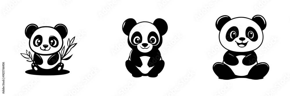 Poster cute black icons of pandas showcasing their playful and gentle nature in a minimalist style, perfect