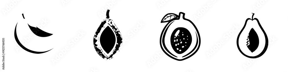 Poster black icons of papayas and bananas arranged in a row showcasing their unique shapes and forms with s