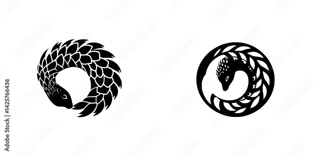 Poster black icon design featuring stylized pangolins in creative circular patterns showcasing elegance and