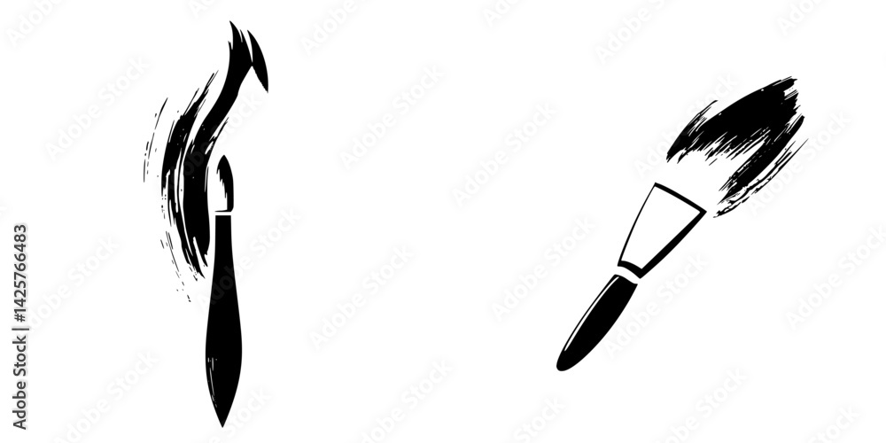 Poster set of black icons depicting paintbrushes for artistic and design projects showcasing different styl