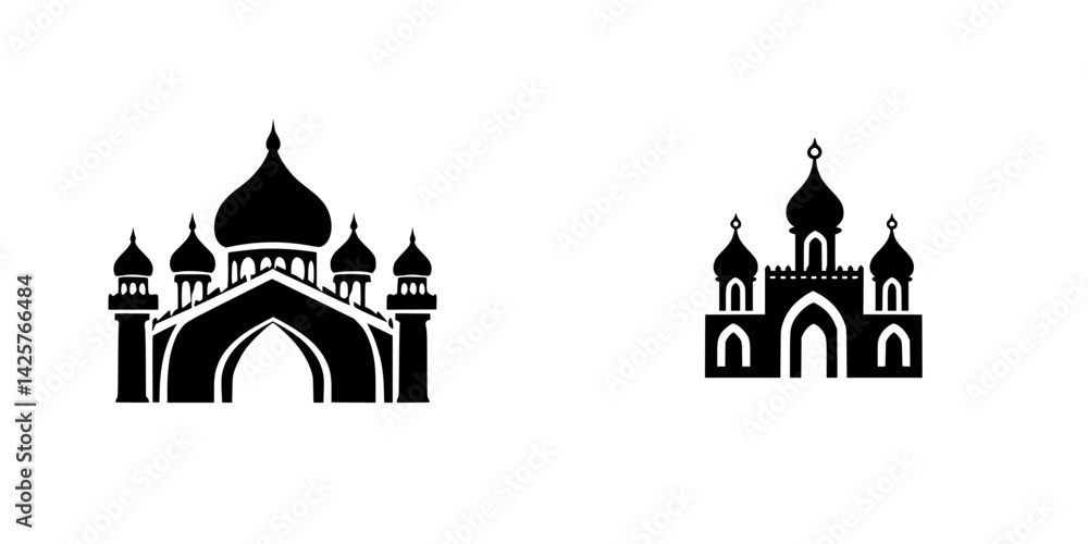Poster set of black icons featuring architectural structures with domes and arches suitable for digital des