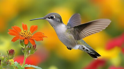 Naklejka premium Hummingbird in flight near vibrant flower