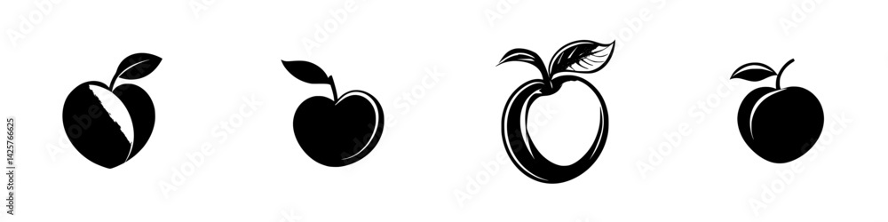 Poster set of four black icons representing diverse apple designs suitable for graphic use and digital appl