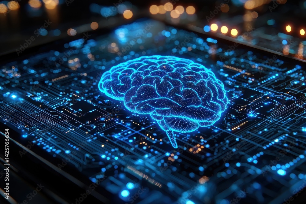 Poster digital representation of artificial intelligence on futuristic tablet display