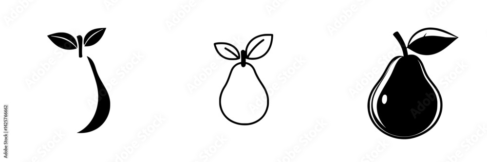 Poster different styles of black pear icons showcasing minimalistic designs in three variations for modern 