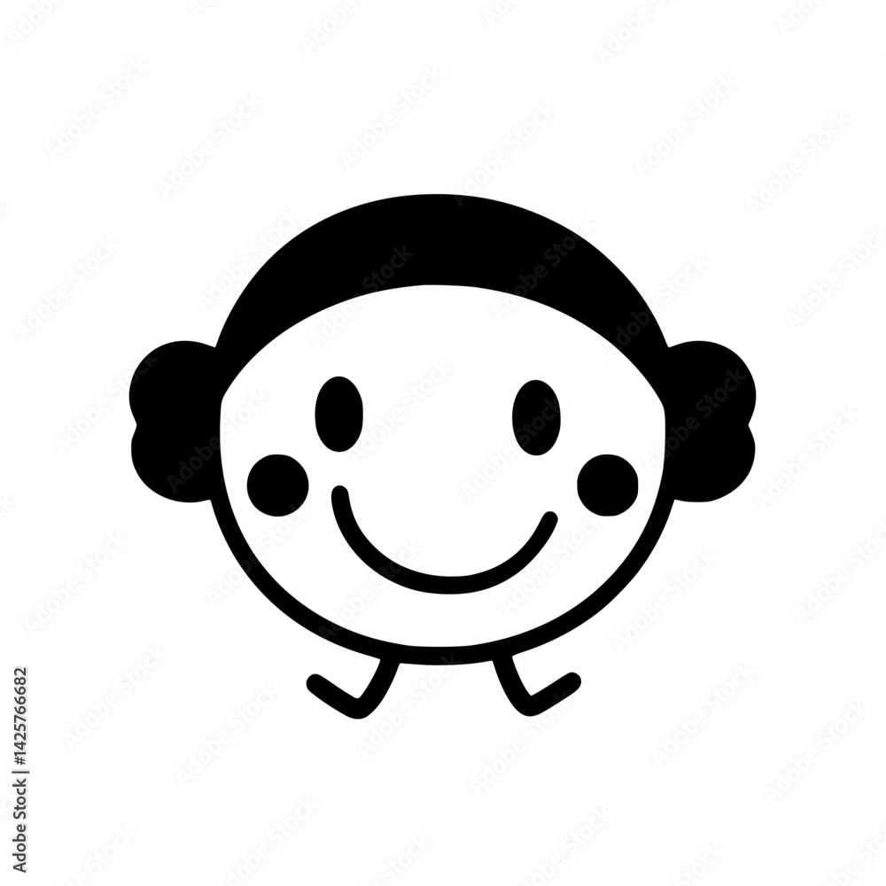 Poster charming black icon of a happy character with a playful expression and round face, depicting joy and