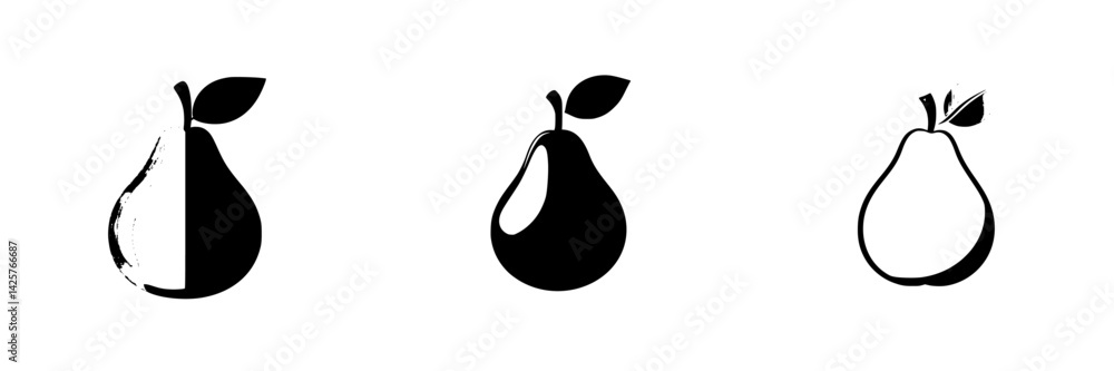 Poster set of black pear icons showcasing varying designs and styles for digital use or graphic projects