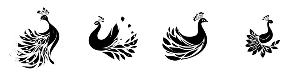 Fototapeta premium Black icons of peacocks showcasing elegant designs with flowing feathers and ornamental crowns