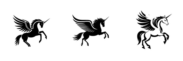 Fototapeta premium Black icons of mythical creatures with wings illustrate a fantastical theme for design and decoration