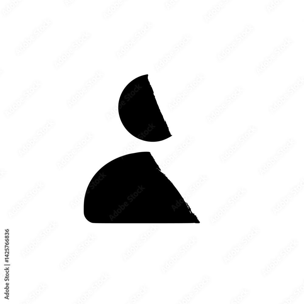 Poster simple black icon representing a human figure in minimalist design with geometric shapes displayed o