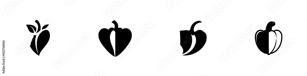 Poster set of four black icons representing different types of peppers and related vegetables in minimalist