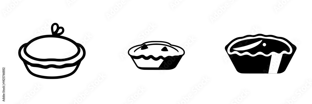 Poster black icon set featuring three distinct pie designs showcasing various styles and toppings