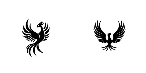 Obraz premium Black phoenix icons designed in a minimalist style showcasing elegance and strength with intricate feather details