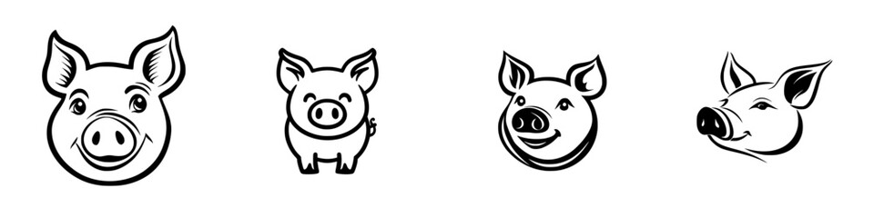 Fototapeta premium Collection of black line icons depicting various pig head and body designs suitable for farm logos or animal illustrations