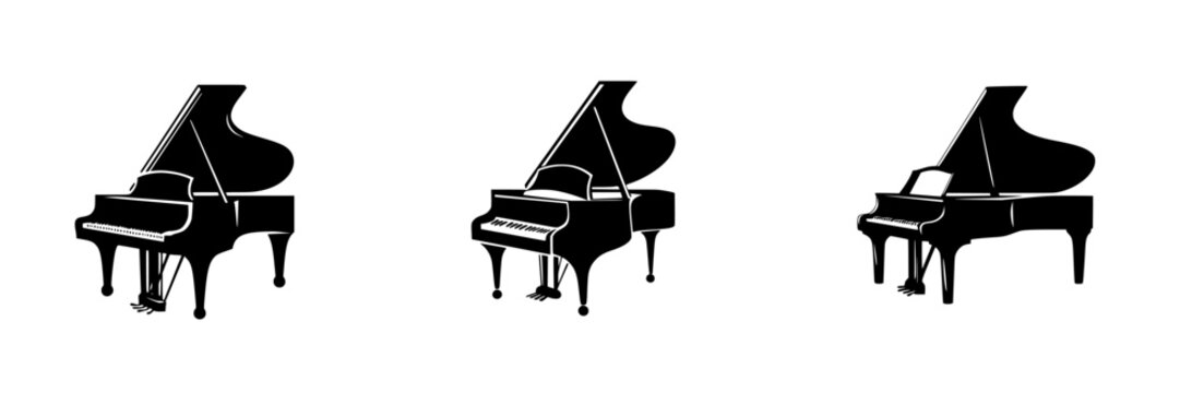 Elegant black grand pianos arranged side by side, showcasing different angles and details of their design in a minimalist style