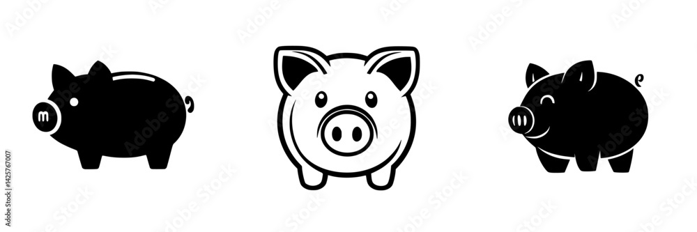 Poster black and white pig icons representing different styles and shapes for use in various graphic design