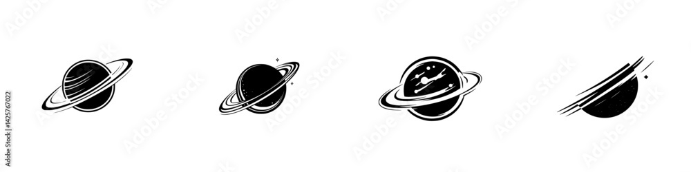 Poster set of black icons representing different planets with rings designed in a minimalistic style for us