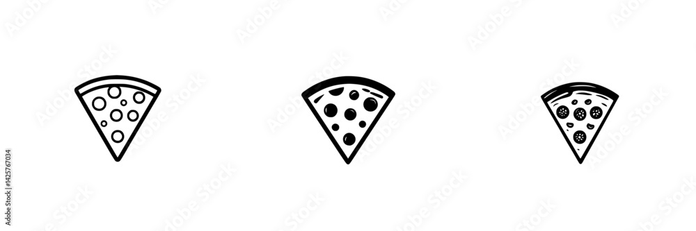 Poster three black icons of pizza slices showcasing varying toppings in a minimalistic style for graphic de