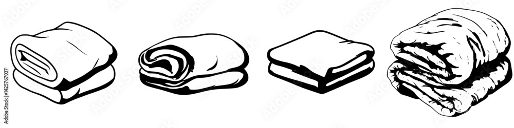 Aufkleber different styles of black icons representing folded blankets and rolled bedding in simplistic design
