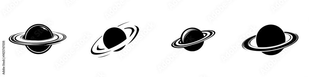 Poster artistic black icons depicting various styles of saturn in a minimalist design for visual projects a