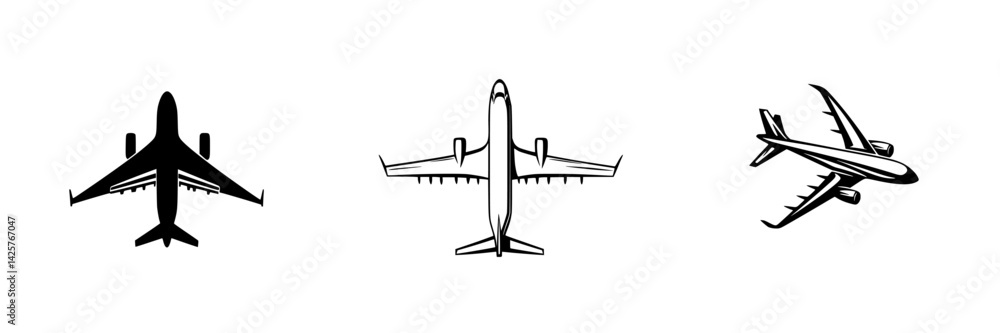 Poster three distinct black aircraft icons showcasing different angles of airplanes in a minimalist design 