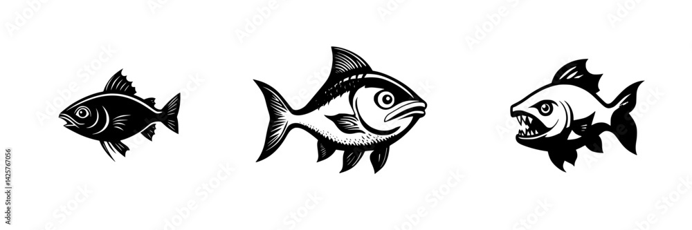 Aufkleber black icon set featuring three distinct fish illustrations in varying sizes and styles for graphic d