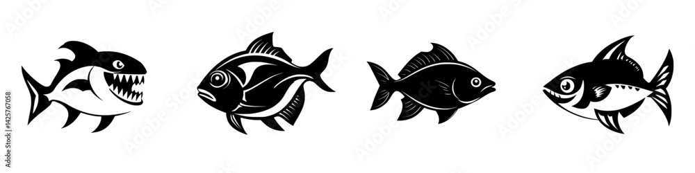 Poster artistic black icons representing various fish species in a simple and striking design suitable for 